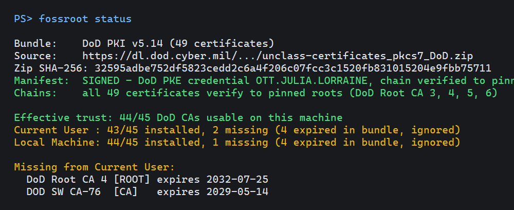 Fossroot CLI status output showing bundle verification and per-certificate install state